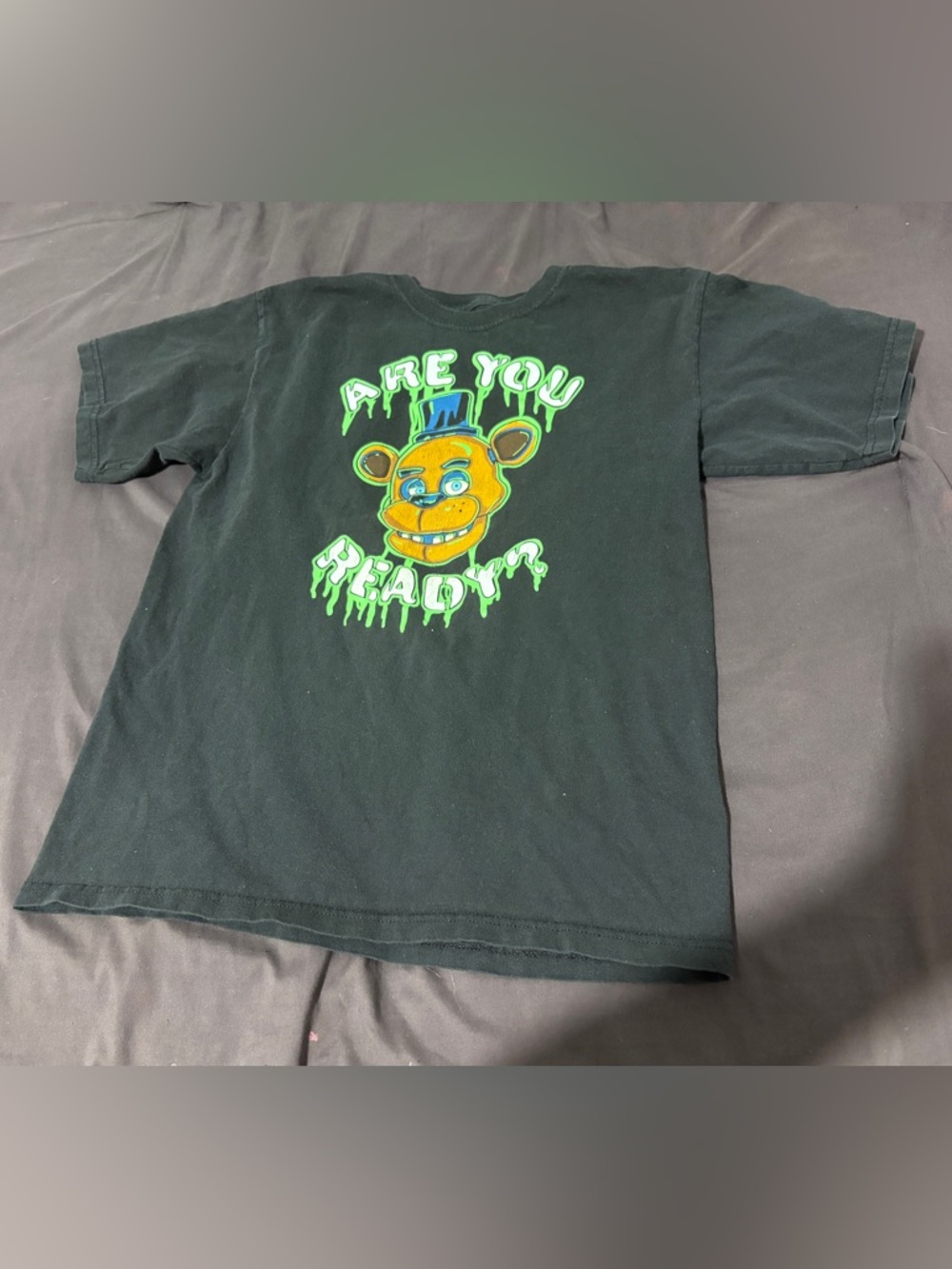 Kids FNAF XL Black Graphic Tee with Neon Green 'Are You Ready?' Bear